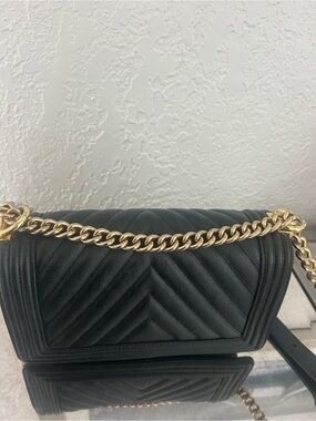 Black Quilted Crossbody Bag with Gold Chain Strap